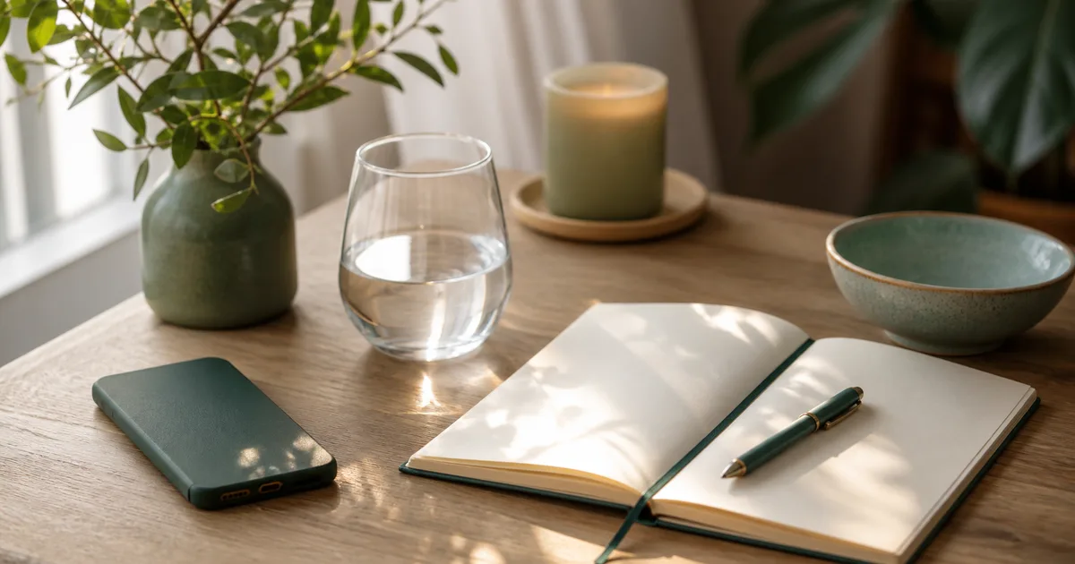 Mesa tranquila con agua y libreta para calmar nervios con una pausa breve